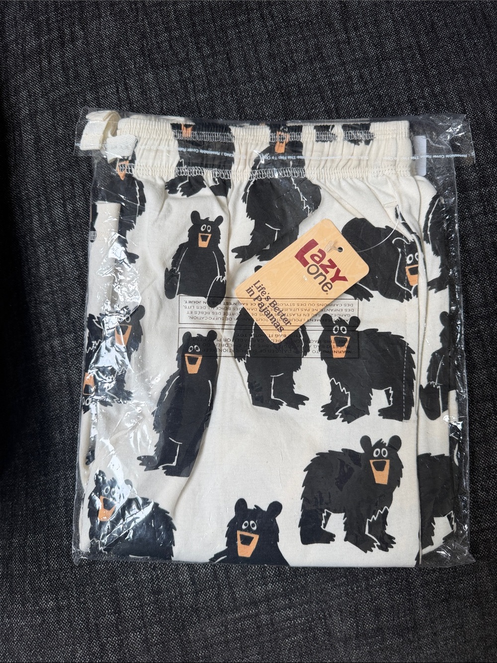 Lazy One Cream Pajama Pants with Black Bear Print and Orange Accents